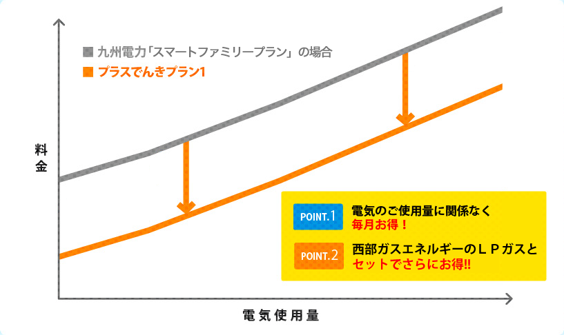 図：電気使用量と料金 [POINT.1]電気のご使用量に関係なく毎月お得！ [POINT.2]西部ガスの都市ガスとセットでさらにお得！